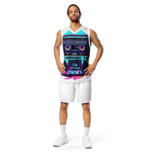 Retro Boombox - Neon 80s Music Design - Recycled unisex basketball jersey