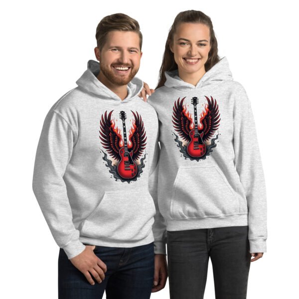 Flaming Guitar with Angel Wings - Rock Music Design - Unisex Hoodie - Image 7
