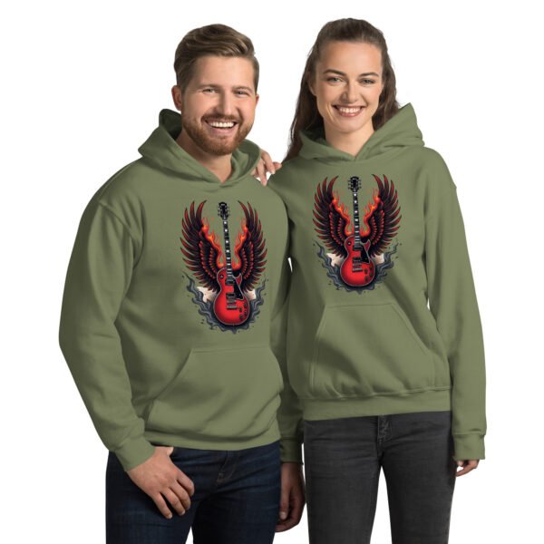 Flaming Guitar with Angel Wings - Rock Music Design - Unisex Hoodie - Image 2