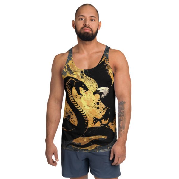 Bold Cobra and Eagle Tank Top with Dynamic Gold and Black Design - Unisex Tank Top