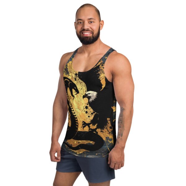Bold Cobra and Eagle Tank Top with Dynamic Gold and Black Design - Unisex Tank Top - Image 2