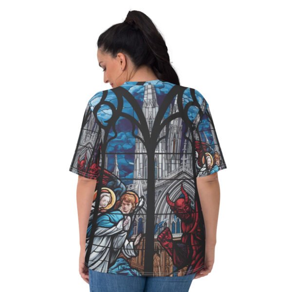Gothic Stained Glass Oversized T-Shirt with Angels and Demons Design - Women's T-shirt - Image 2