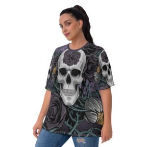 Gothic Skull and Roses Oversized T-Shirt with Dark Floral Design - Women's T-shirt