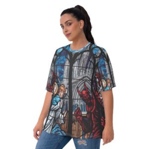 Gothic Stained Glass Oversized T-Shirt with Angels and Demons Design - Women's T-shirt