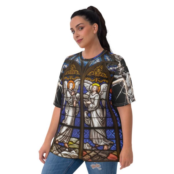 Gothic Stained Glass Angel Oversized T-Shirt with Cathedral Design - Women's T-shirt