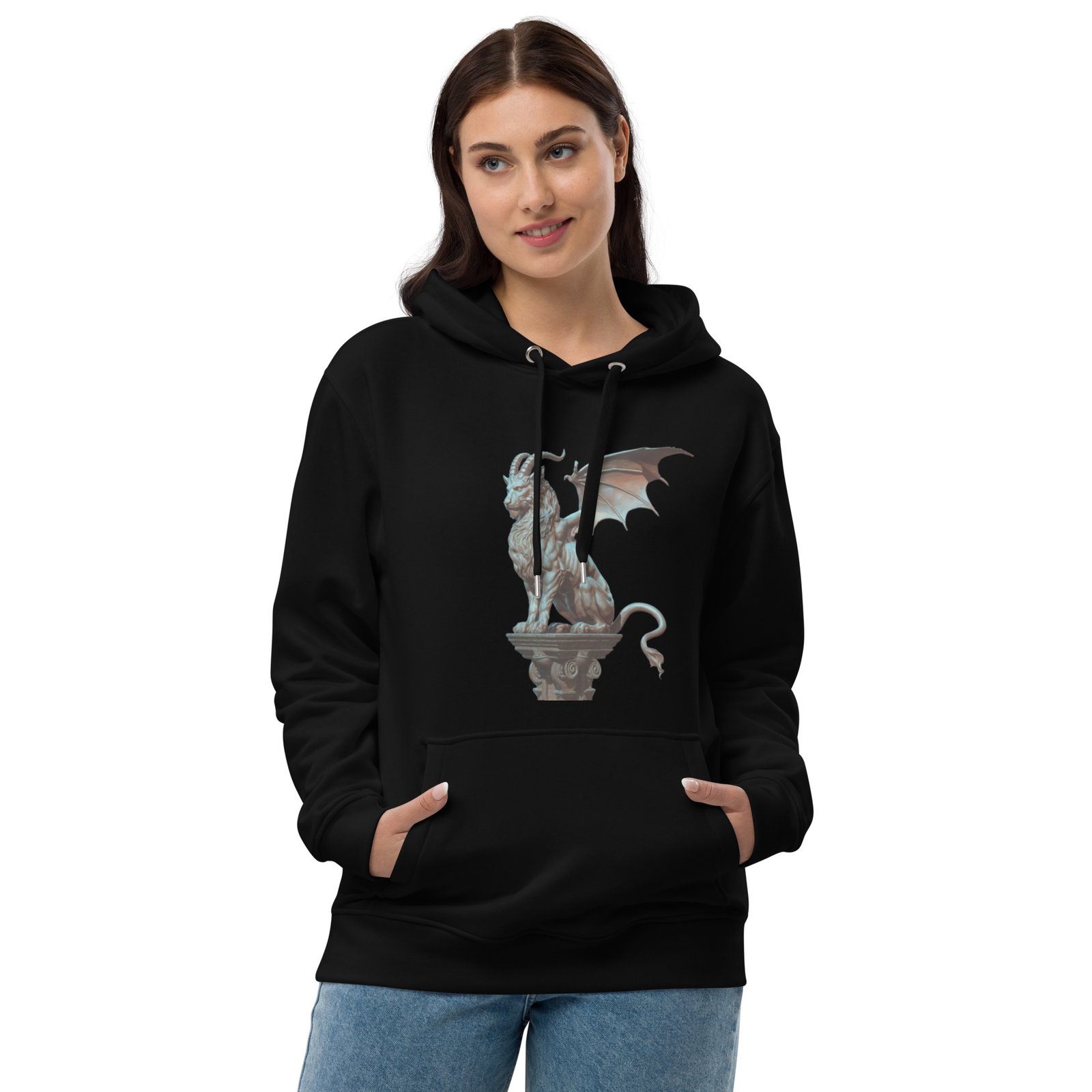 Gothic Gargoyle Statue with Winged Beast Design - Premium eco hoodie - Image 3