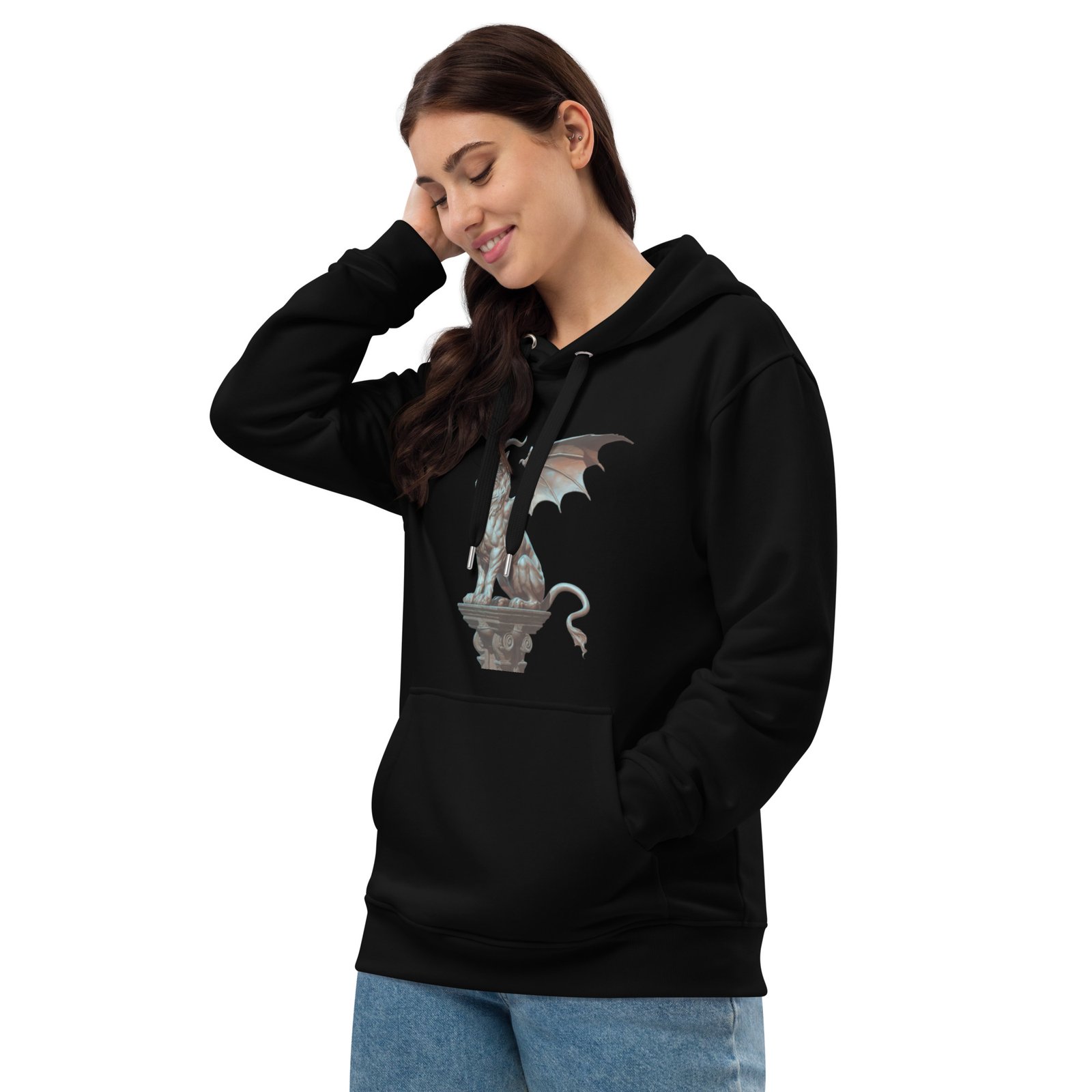 Gothic Gargoyle Statue with Winged Beast Design - Premium eco hoodie - Image 4