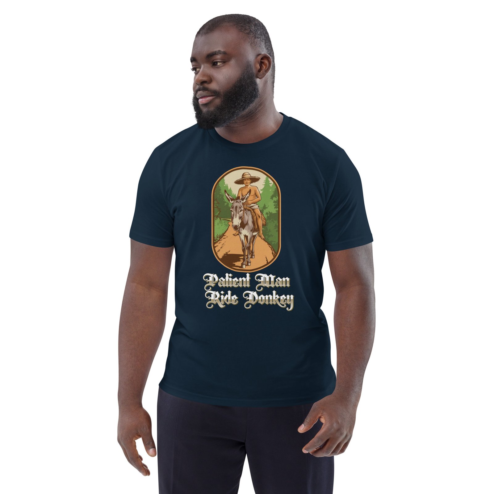 "Patient Man Ride Donkey" – Traditional Wisdom Illustration - Unisex organic cotton t-shirt - Image 7